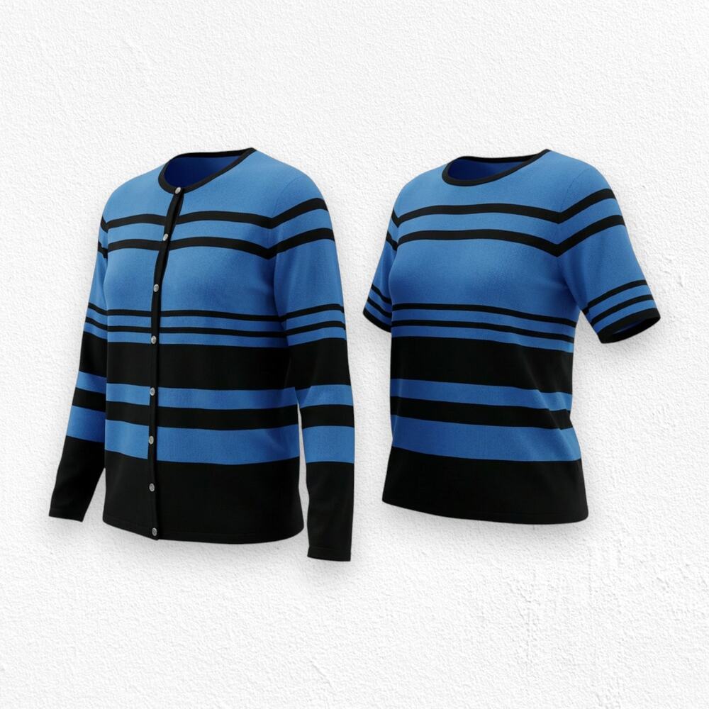 90s Vintage Blue Black Striped Liz Baker Knit Top Cardigan 2 Piece Size Medium